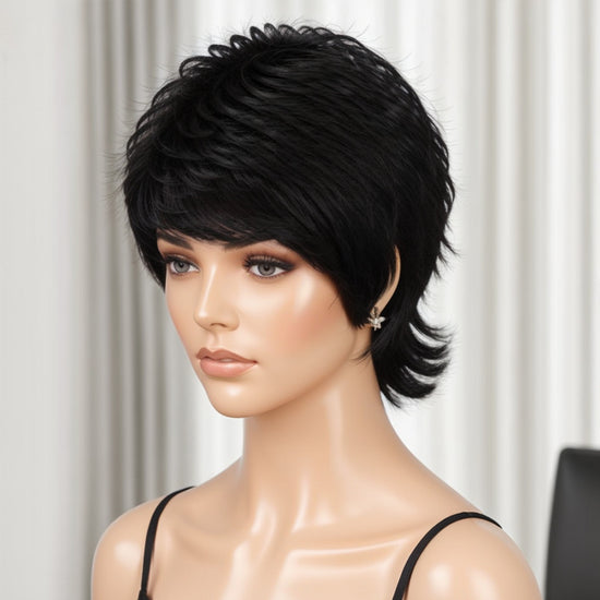 Salt and Pepper Grey Wig / Black Wig Glueless Human Hair Short Cut With Bangs For Black Woman