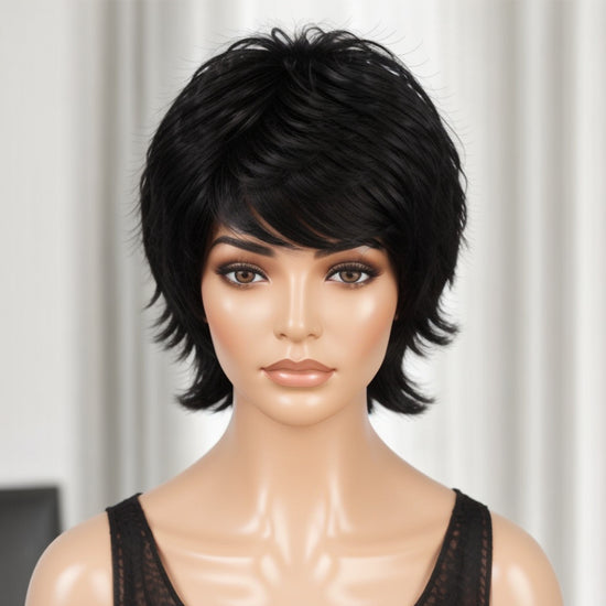 Salt and Pepper Grey Wig / Black Wig Glueless Human Hair Short Cut With Bangs For Black Woman