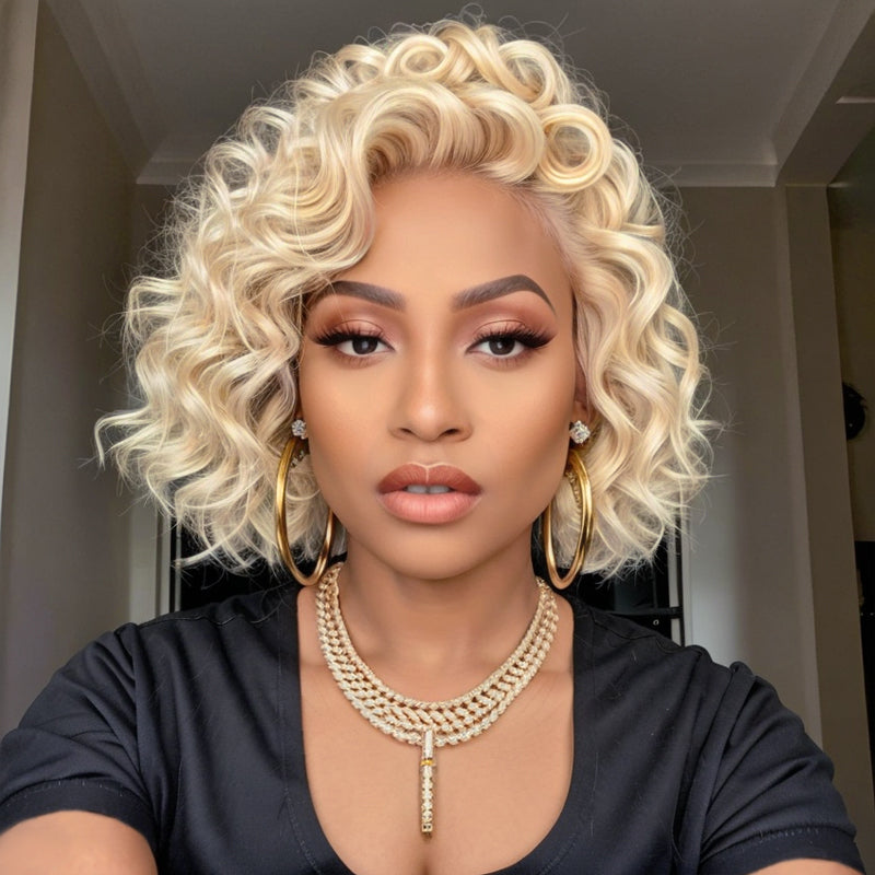 Short Wavy Human Hair Wigs 613 Blonde Lace Front Bob Wigs