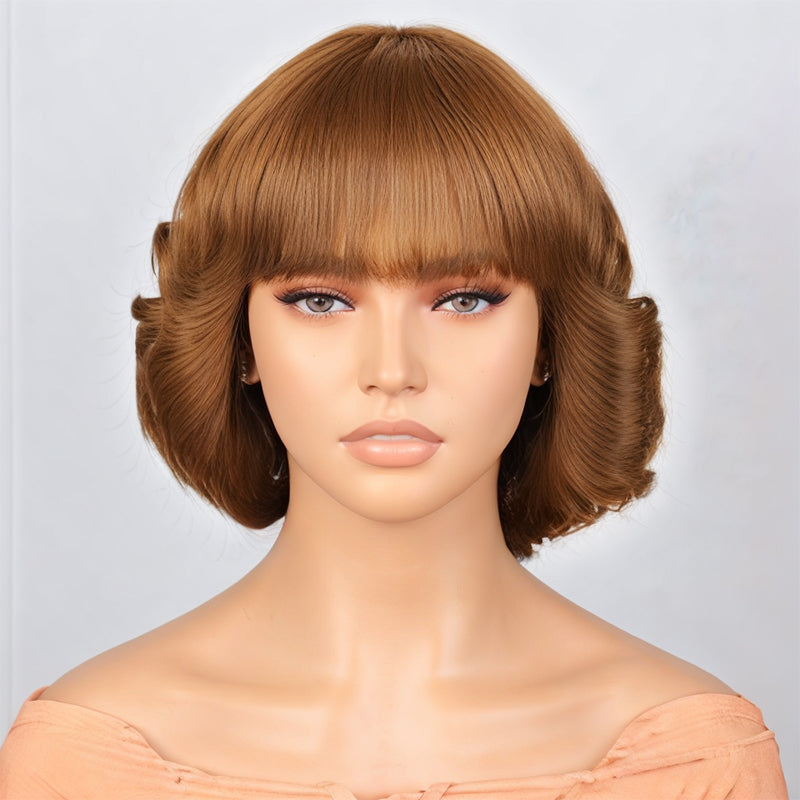 Short Black /Light Brown Bob Wig with Bangs Body Deep Wave Natural Remy Human Hair Wig