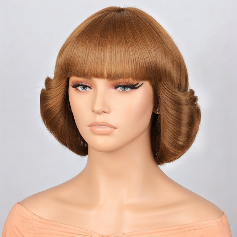 Short Black /Light Brown Bob Wig with Bangs Body Deep Wave Natural Remy Human Hair Wig