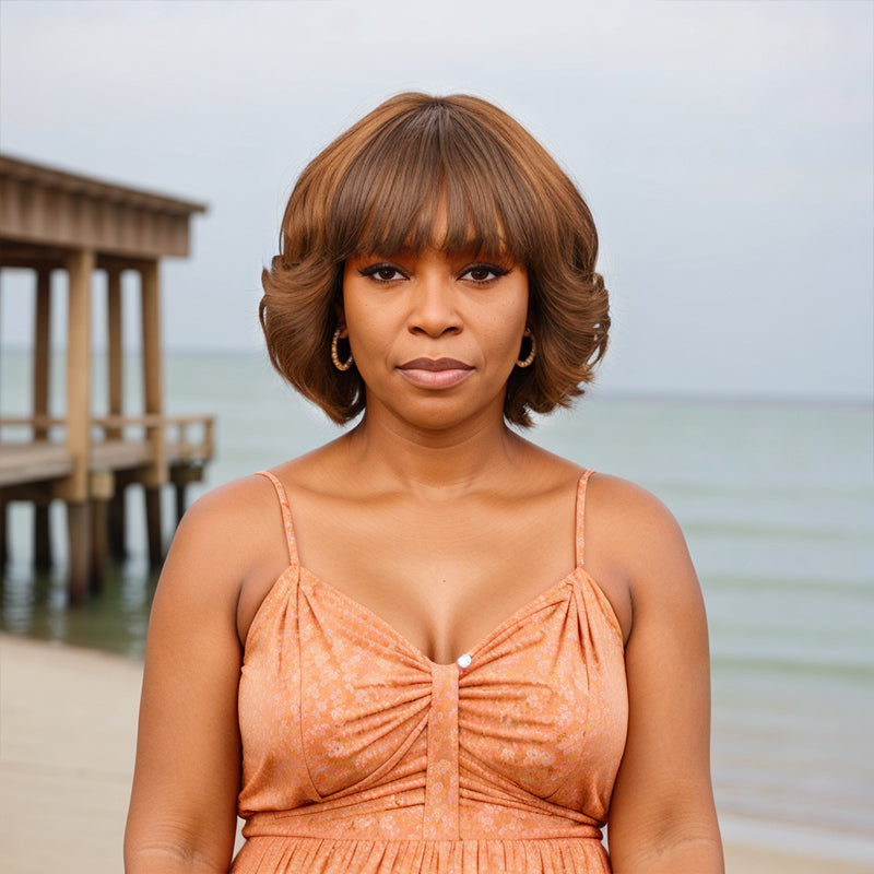 Short Black /Light Brown Bob Wig with Bangs Body Deep Wave Natural Remy Human Hair Wig