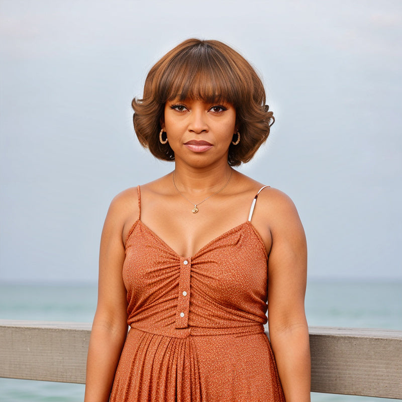 Short Black /Light Brown Bob Wig with Bangs Body Deep Wave Natural Remy Human Hair Wig