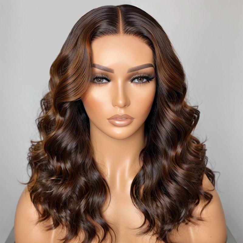 Shoulder Length Wavy Caramel Brown Highlights Wigs