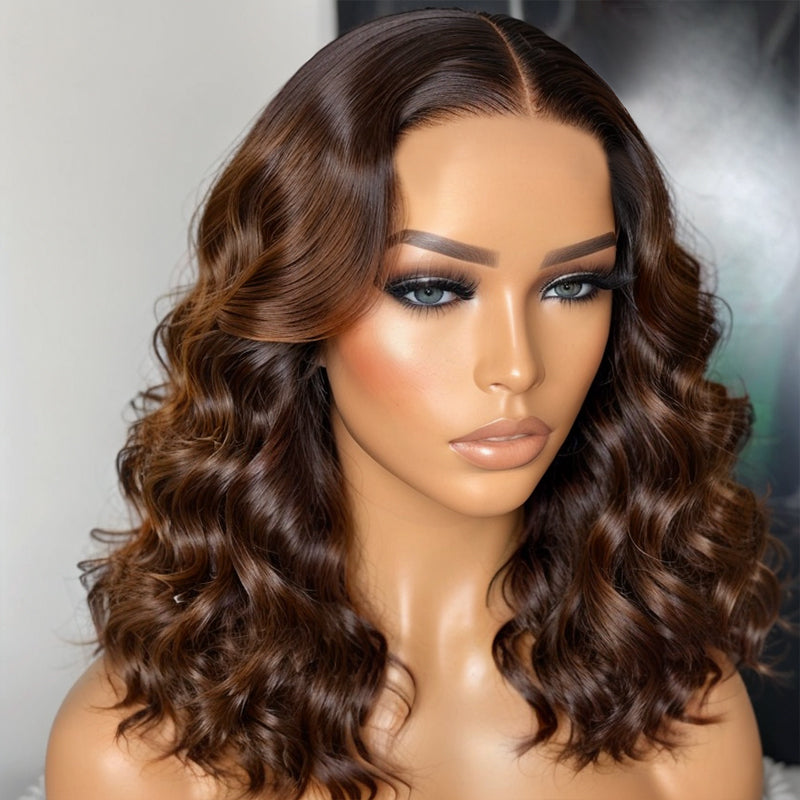 Shoulder Length Wavy Caramel Brown Highlights Wigs