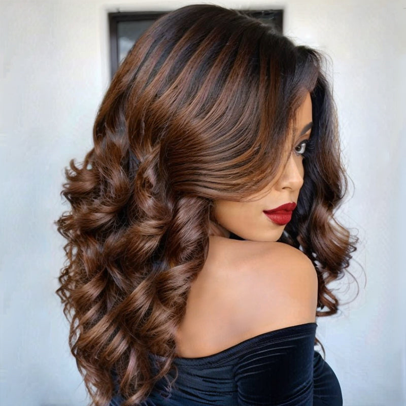 Shoulder Length Wavy Caramel Brown Highlights Wigs