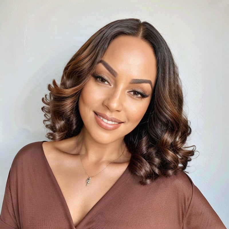 Shoulder Length Wavy Caramel Brown Highlights Wigs