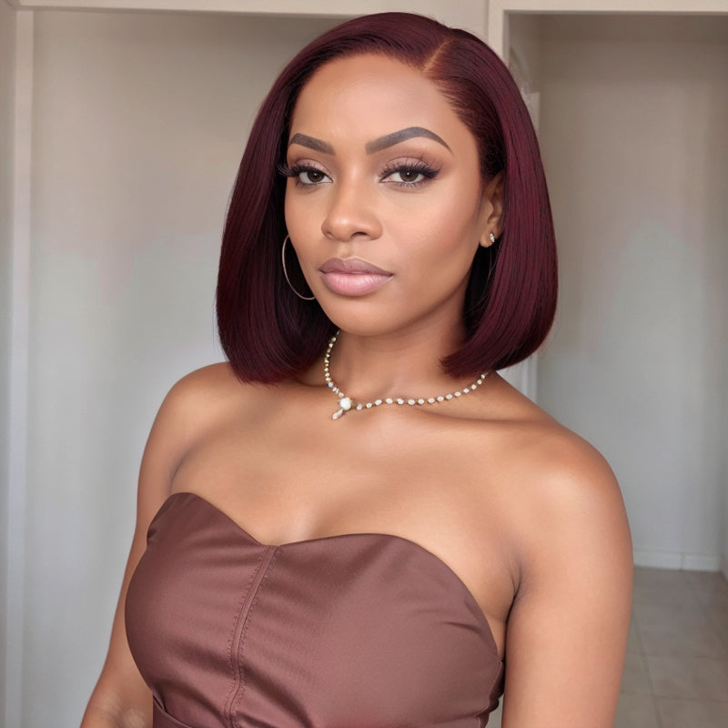 Summer Look | Side Part Burgundy Straight Bob Glueless 13x4 Lace Frontal Wig 100% Human Hair