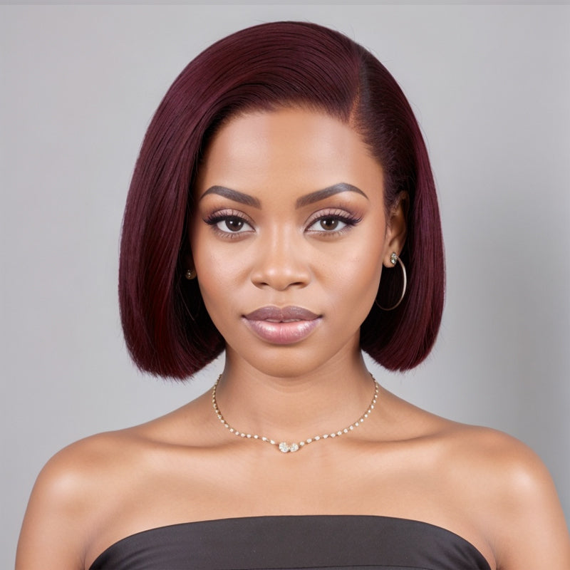 Summer Look | Side Part Burgundy Straight Bob Glueless 13x4 Lace Frontal Wig 100% Human Hair