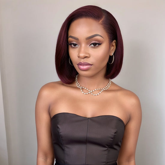 Summer Look | Side Part Burgundy Straight Bob Glueless 13x4 Lace Frontal Wig 100% Human Hair