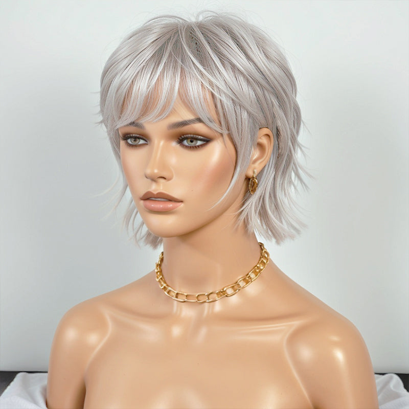 Silver Short Wig Layered Mullet Pixie Cut Wavy Wigs 100% Human Hair