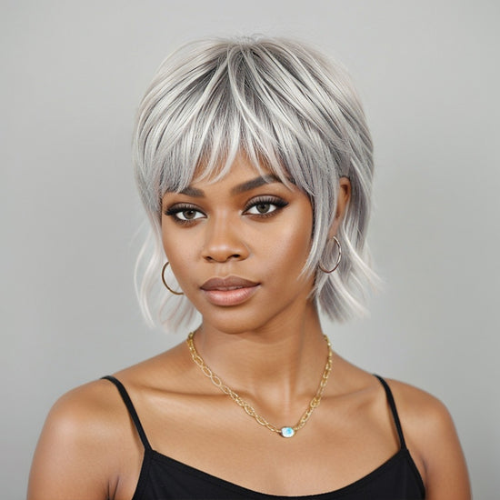 Silver Short Wig Layered Mullet Pixie Cut Wavy Wigs 100% Human Hair