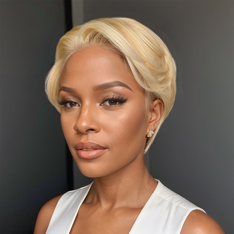 Load image into Gallery viewer, Smooth Hot Sale Pixie Cut Bob Glueless 5x5 Closure Lace Wig Blonde #613 Hairstyle Layered Side Part Straight Human Hair

