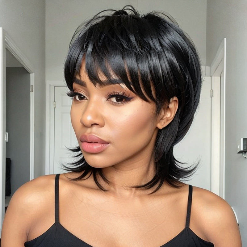 LinktoHair Short Pixie Cut Shaggy Layered 80s Mullet Wig With Bangs