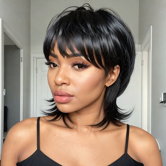 LinktoHair Short Pixie Cut Shaggy Layered 80s Mullet Wig With Bangs