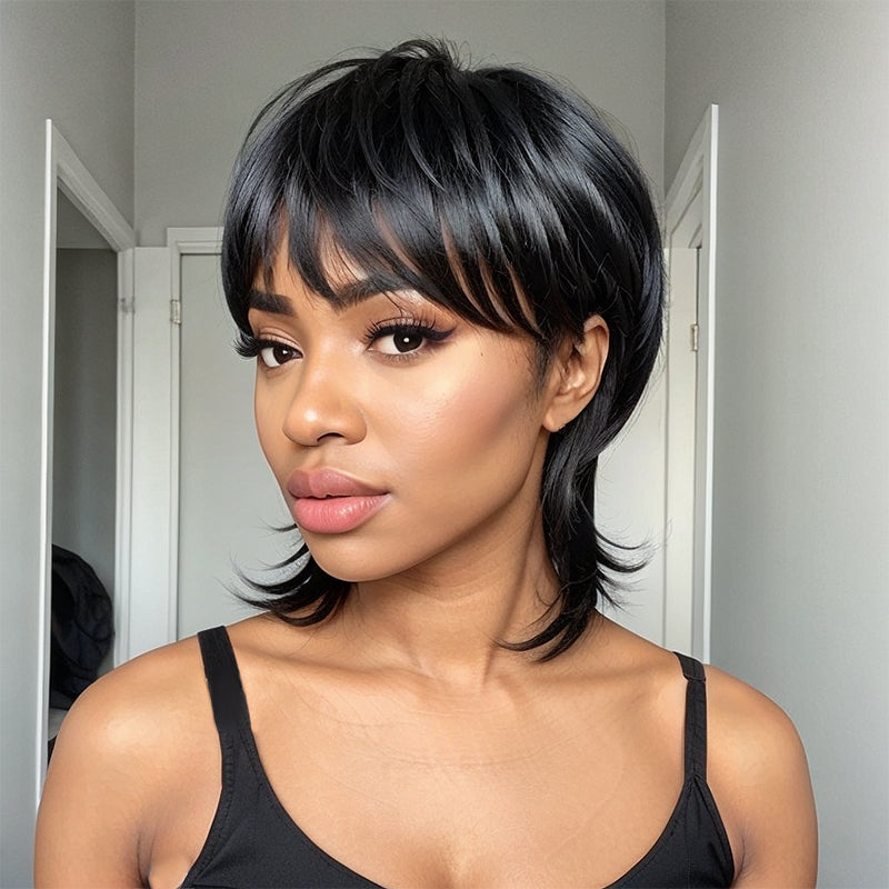 LinktoHair Short Pixie Cut Shaggy Layered 80s Mullet Wig With Bangs