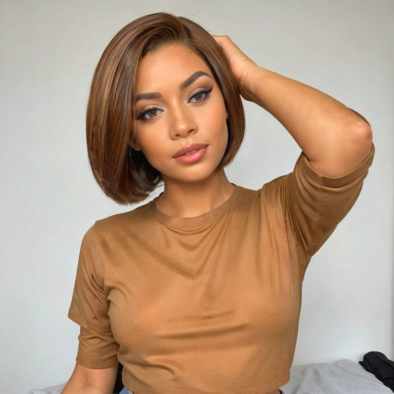 Summer Look | Side Part Blonde Highlight Straight Bob Glueless 13x4 Lace Frontal Wig 100% Human Hair