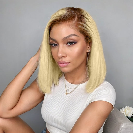 Summer Look | Side Part Mix Brown & Blonde Straight Bob Glueless 13x4 Lace Frontal Wig 100% Human Hair