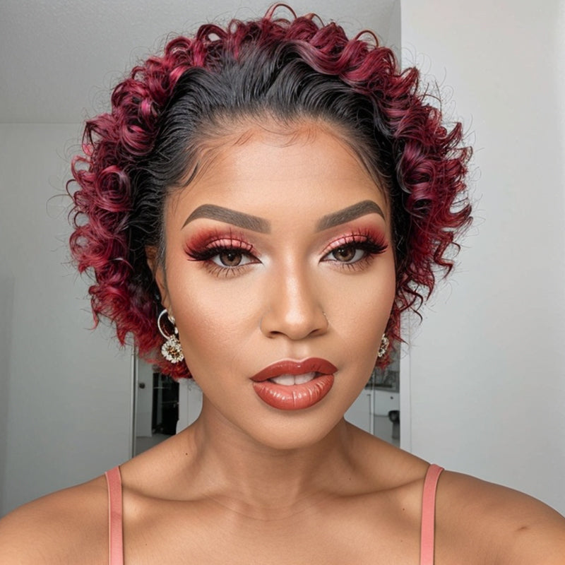 Summer Pick | Undetectable Lace Front Natural Color & Burgundy Curly Pixie Cut Wig