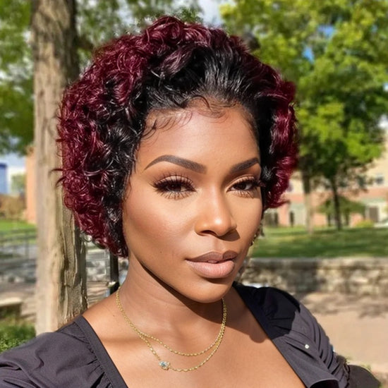 Summer Pick | Undetectable Lace Front Natural Color & Burgundy Curly Pixie Cut Wig