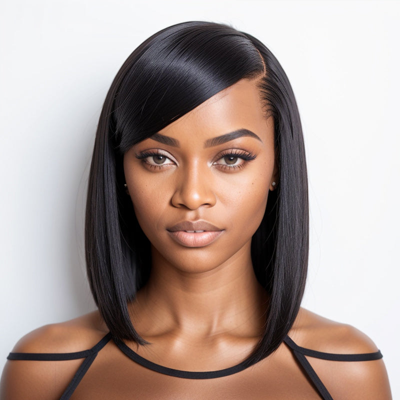 Load image into Gallery viewer, Swoop Bangs Glueless 5x5 Closure Deep Left C Part Silky Straight Lace Air Wig 100% Human Hair

