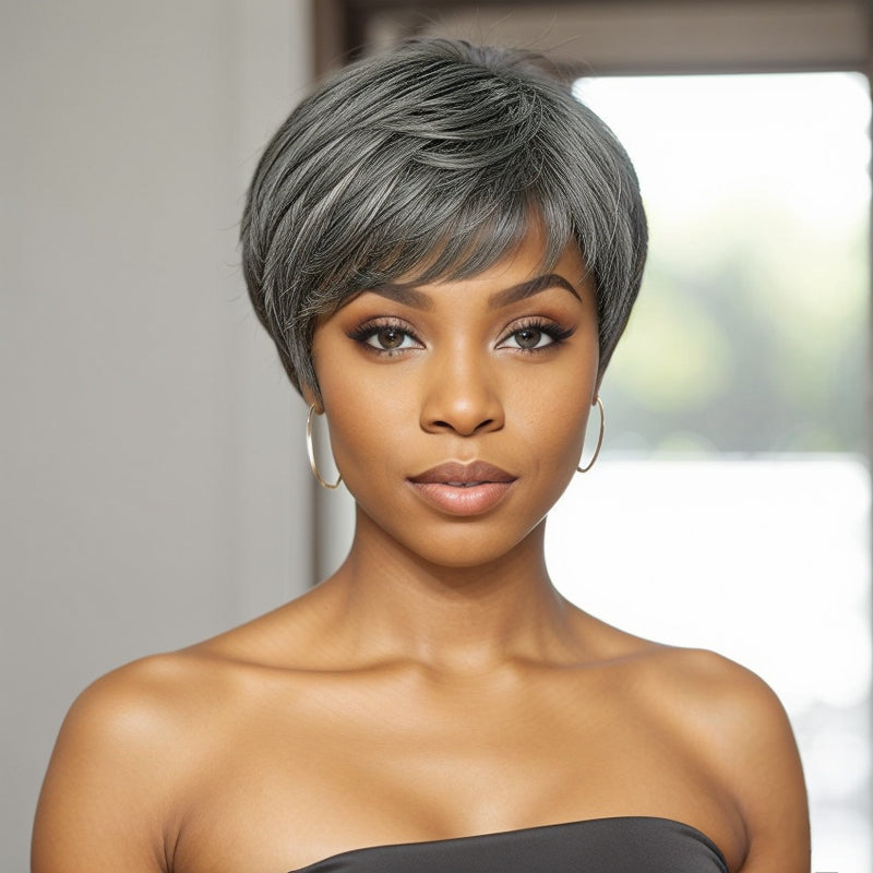 Trendy Limited Style | Salt & Pepper Pixie Cut 100% Human Hair Wig