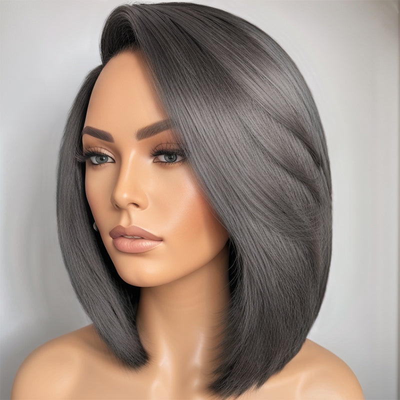 Trends Salt & Pepper Colored Short Blunt Cut 5x5 Closure Lace Human Hair Wigs