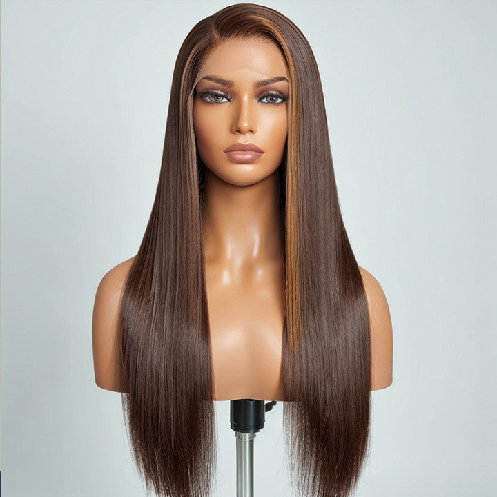 Trendy Color | Brown With Blonde Highlight Glueless 5x5 Closure HD Lace Silky Straight Wig 100% Human Hair