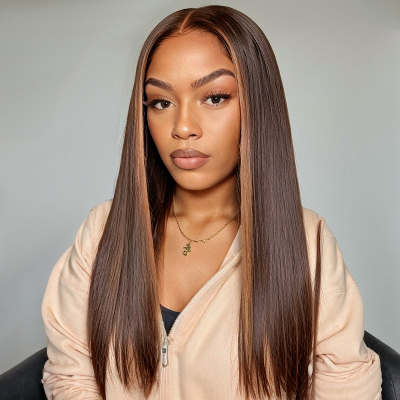 Trendy Color | Brown With Blonde Highlight Glueless 5x5 Closure HD Lace Silky Straight Wig 100% Human Hair