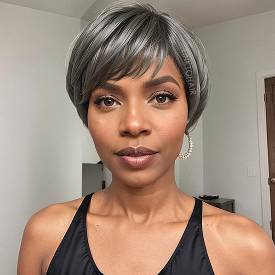 Trendy Color Salt & Pepper Layered Pixie Cut Short Wig With Bangs