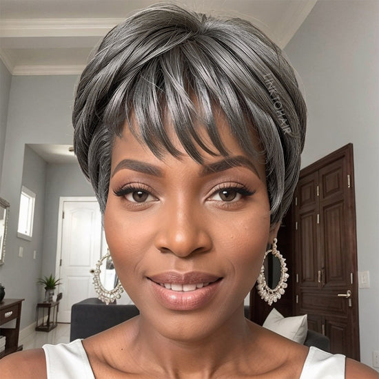 Trendy Color Salt & Pepper Layered Pixie Cut Short Wig With Bangs