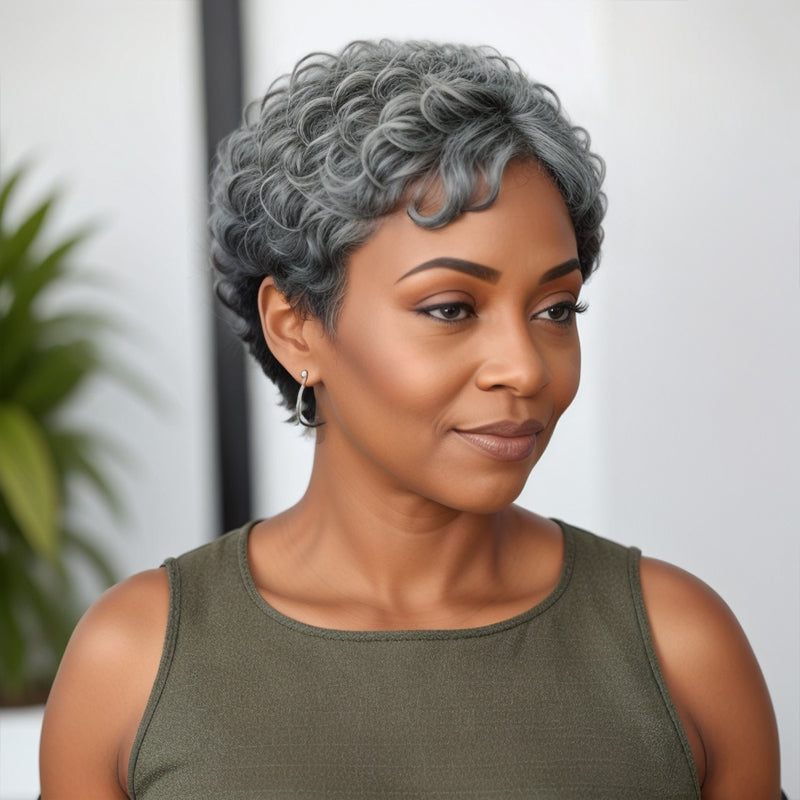 Trendy Color | Salt & Pepper Short Pixie Cuts Nature Wave Glueless Wig With Bangs Human Hair Wigs
