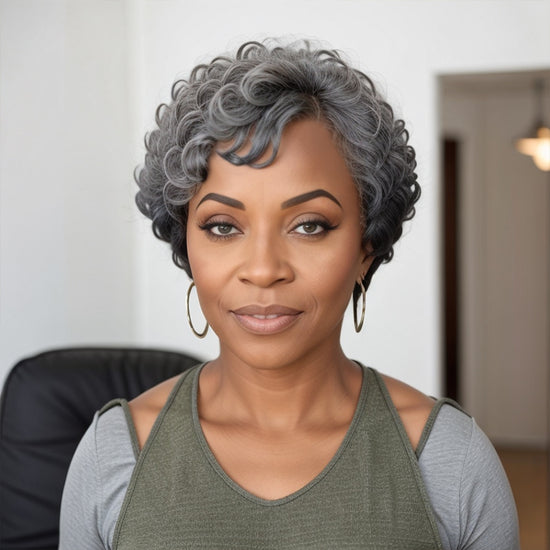 Trendy Color | Salt And Pepper Short Pixie Cuts Nature Wave Glueless Wig With Bangs Human Hair Wigs