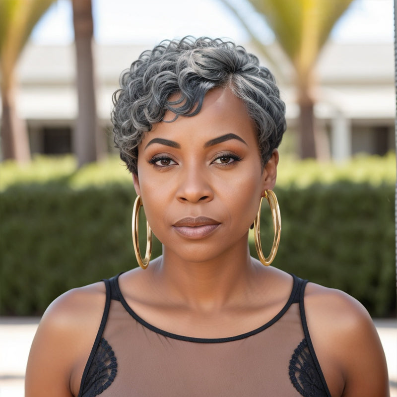 Trendy Color | Salt And Pepper Short Pixie Cuts Nature Wave Glueless Wig With Bangs Human Hair Wigs