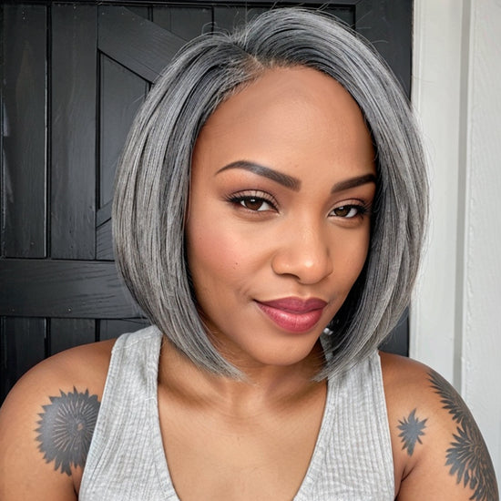 Trendy Color Salt & Pepper | Side Part Straight Bob Glueless 5x5 Closure Lace Wig 100% Human Hair