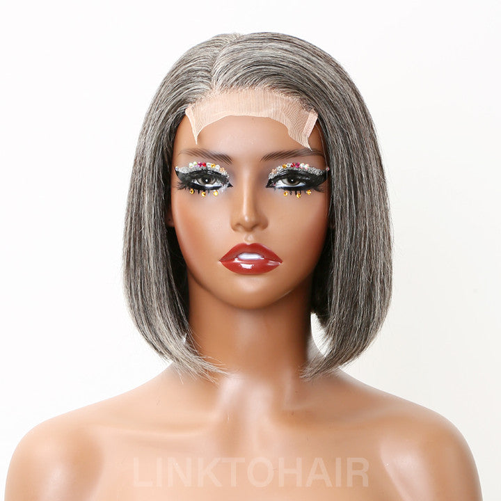 Trendy Color Salt And Pepper | Side Part Straight Bob Glueless 5x5 Closure Lace Wig 100% Human Hair