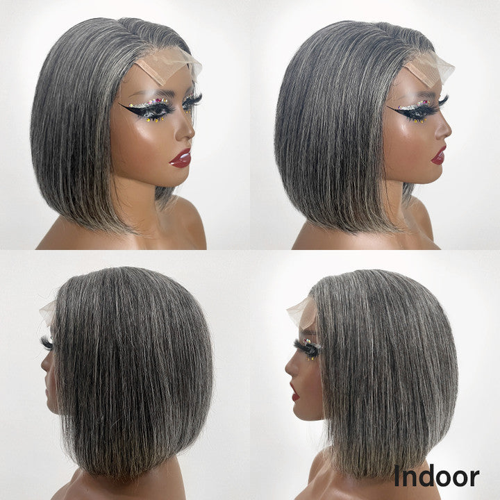 Trendy Color Salt & Pepper | Side Part Straight Bob Glueless 5x5 Closure Lace Wig 100% Human Hair