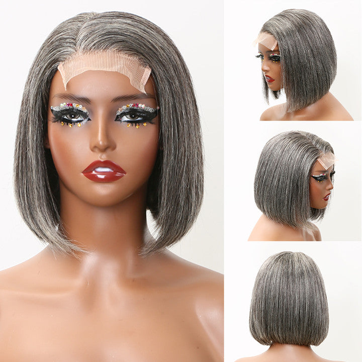 Trendy Color Salt & Pepper | Side Part Straight Bob Glueless 5x5 Closure Lace Wig 100% Human Hair