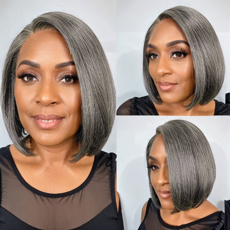 Trendy Color Salt And Pepper | Side Part Straight Bob Glueless 5x5 Closure Lace Wig 100% Human Hair