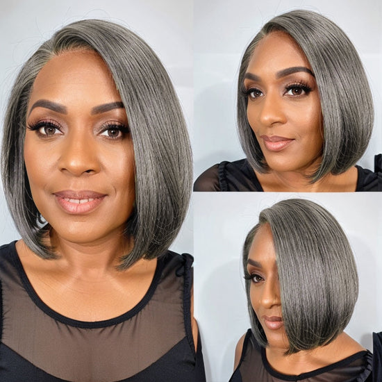 Trendy Color Salt And Pepper | Side Part Straight Bob Glueless 5x5 Closure Lace Wig 100% Human Hair