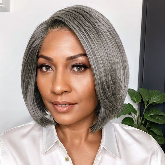 Trendy Color Salt And Pepper | Side Part Straight Bob Glueless 5x5 Closure Lace Wig 100% Human Hair