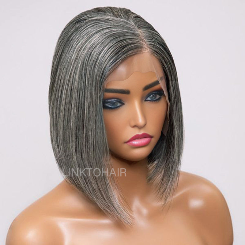 Trendy Design| Salt and Pepper Grey Glueless Straight Bob 13x4 HD Lace Front Human Hair Wig