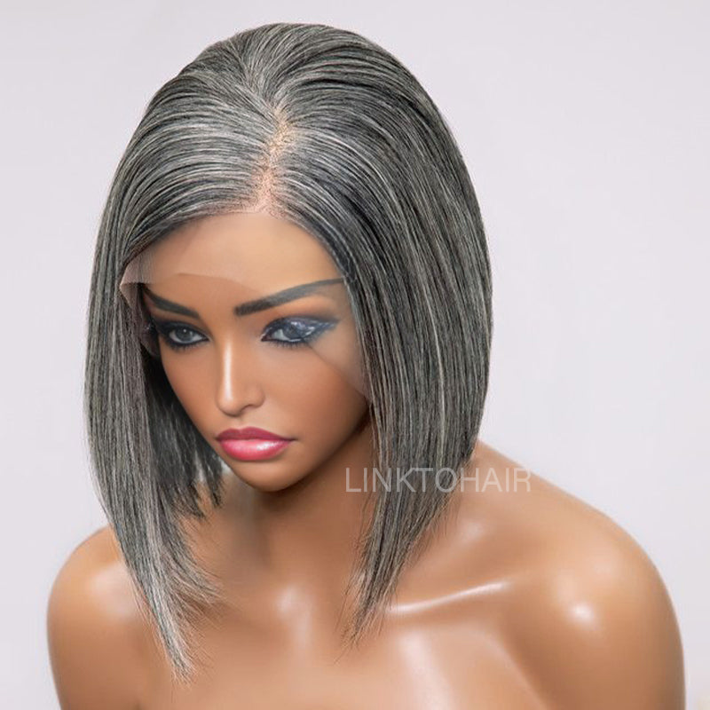 Trendy Design| Salt and Pepper Grey Glueless Straight Bob 13x4 HD Lace Front Human Hair Wig