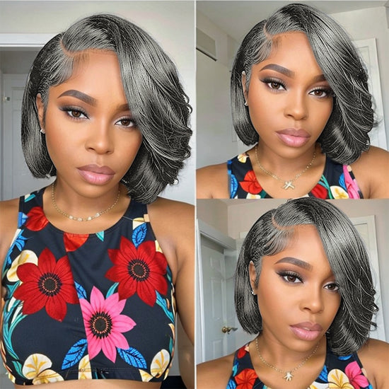 Trendy Design| Salt and Pepper Grey Glueless Wavy Bob 5x5 HD Lace Front Human Hair Wig