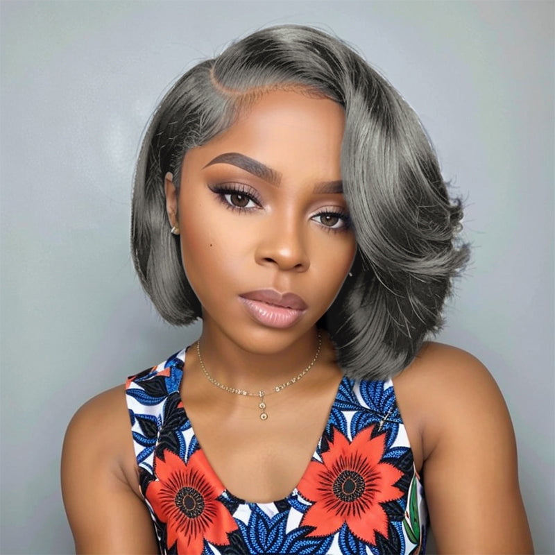Trendy Design| Salt and Pepper Grey Glueless Wavy Bob 5x5 HD Lace Front Human Hair Wig