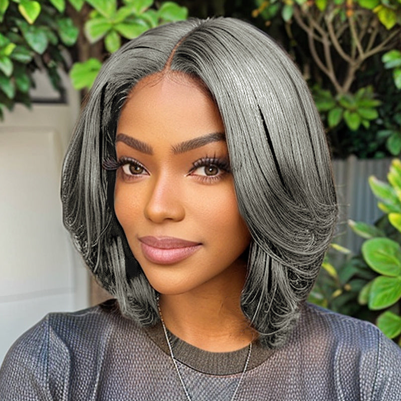 Load image into Gallery viewer, Trendy Design| Salt and Pepper Grey Glueless Wavy Bob Mid-Part 5x5 HD Lace Front Human Hair Wig
