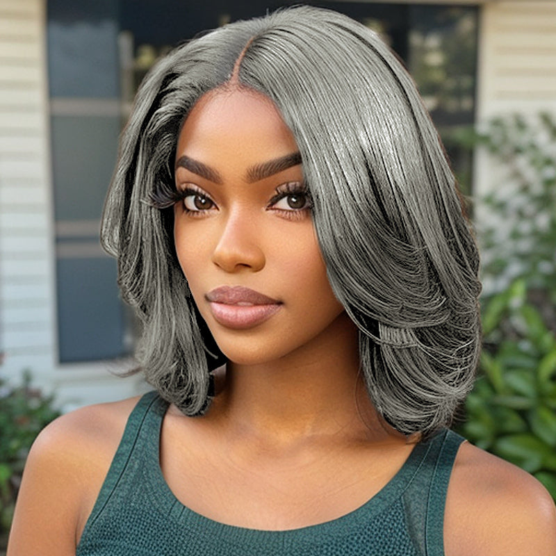 Trendy Design| Salt and Pepper Grey Glueless Wavy Bob Mid-Part 5x5 HD Lace Front Human Hair Wig