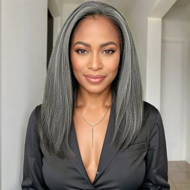 Trendy Design & Color | Salt And Pepper Kinky Straight 5x5 Closure Wig 100% Human Hair