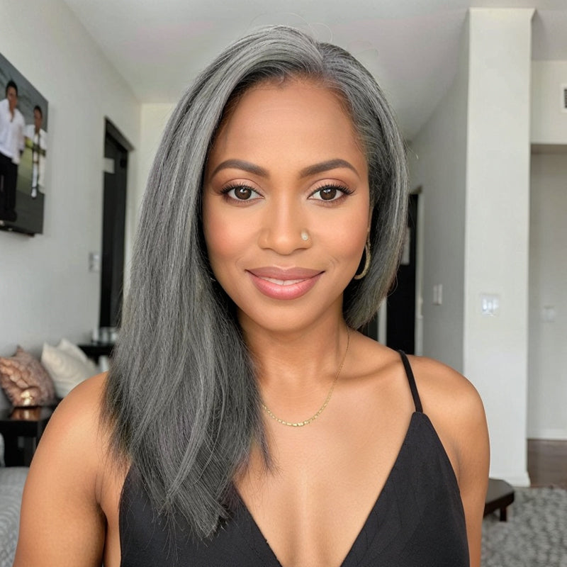 Trendy Design & Color | Salt And Pepper Kinky Straight 5x5 Closure Wig 100% Human Hair