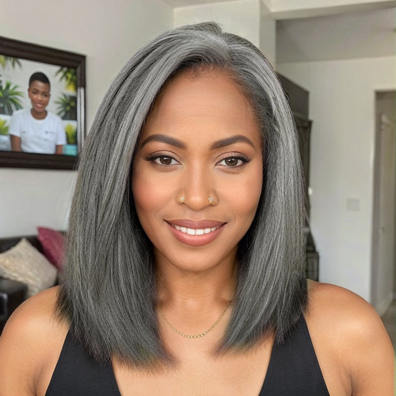 Trendy Design & Color | Salt And Pepper Kinky Straight 5x5 Closure Wig 100% Human Hair